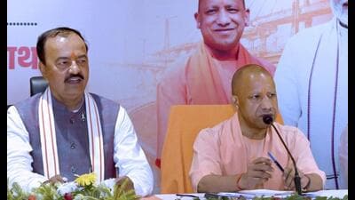Chief minister Yogi Adityanath reviewing PWD projects across the Prayagraj Division at a high-level meeting held in the Mela Authority complex on Monday. (Anil Kumar Maurya/HT)