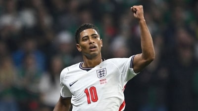 England's midfielder Jude Bellingham celebrates scoring his team's first goal. (AFP photo) England's midfielder Jude Bellingham celebrates scoring his team's first goal. (AFP photo)