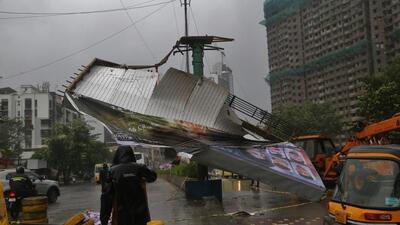 Thane, India - July -06, 2026: Thane district has been placed under a heavy rainfall alert. On Monday morning, due to strong winds, a hoarding erected on the road divider at Pokhran Road No. 2 in Thane collapsed., no one was injured in the incident ,in Thane ,in Mumbai, India, on, Monday, July -06, 2026. ( photo by Praful Gangurde / Hindustan Times ) (praful Gangurde)