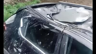 The car that was hit by boulder in Himachal’s Chamba on Monday. (HT Photo) The car that was hit by boulder in Himachal’s Chamba on Monday. (HT Photo)