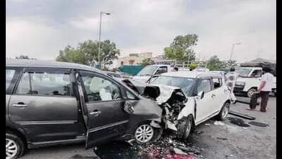 The two cars after the mishap on Jalandhar-Amritsar highway on Sunday. The two cars after the mishap on Jalandhar-Amritsar highway on Sunday.