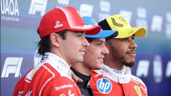 Formula One F1 - British Grand Prix - Silverstone Circuit, Silverstone, Britain - July 4, 2026 Mercedes' Andrea Kimi Antonelli celebrates after qualifying in pole position with second place Ferrari's Charles Leclerc and third place Ferrari's Lewis Hamilton REUTERS/Andrew Boyers (REUTERS)