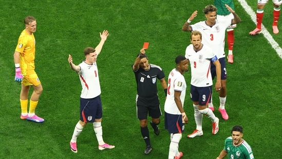 Quansah was shown the red card in the 54th minute, bringing England down to 10 men.(REUTERS)