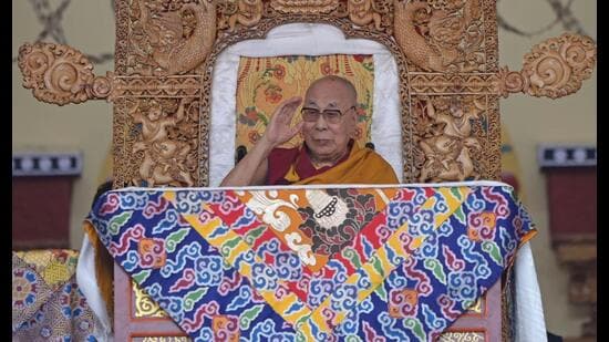 The 14th Dalai Lama during an event organised on his 91th Birthday celebrations, at Choglamsar in Leh on Monday. (Waseem Andrabi/HT)