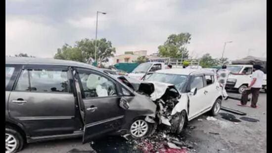 The two cars after the mishap on Jalandhar-Amritsar highway on Sunday.