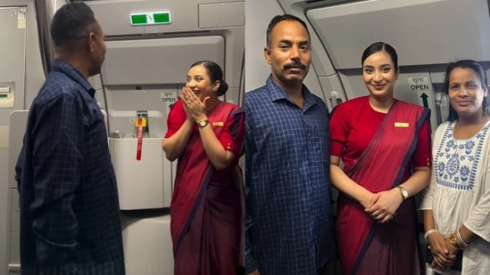 A flight attendant told her parents she was on another flight, then welcomed them onboard as cabin crew. (Instagram/sushmita__nath_)