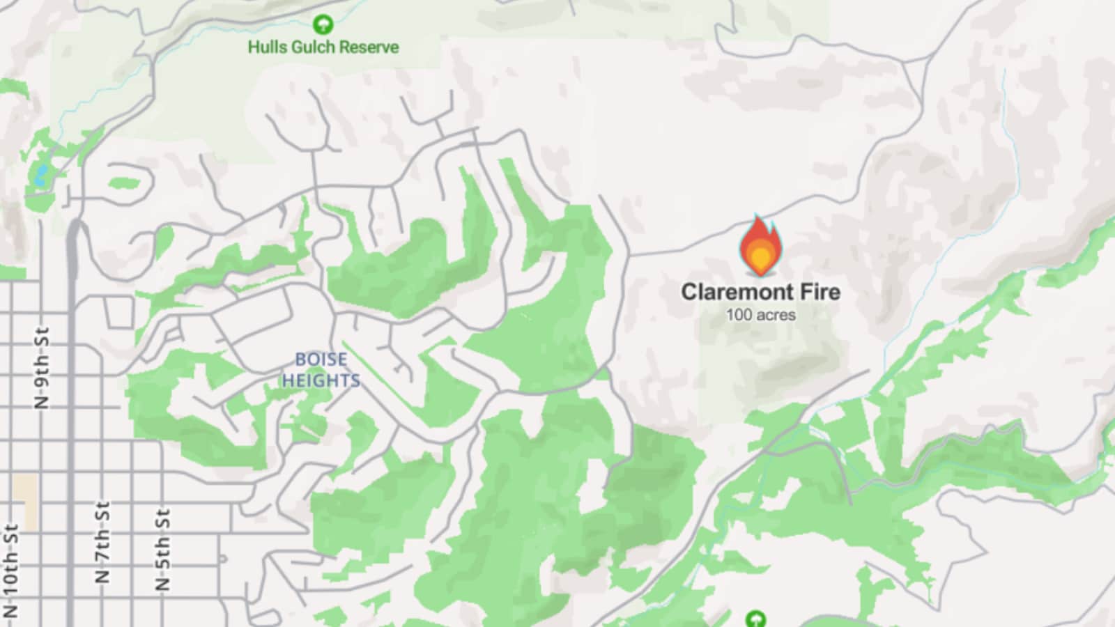 The Claremont Fire is located just off Boise Heights. (Mapbox via Watch Duty) The Claremont Fire is located just off Boise Heights. (Mapbox via Watch Duty)