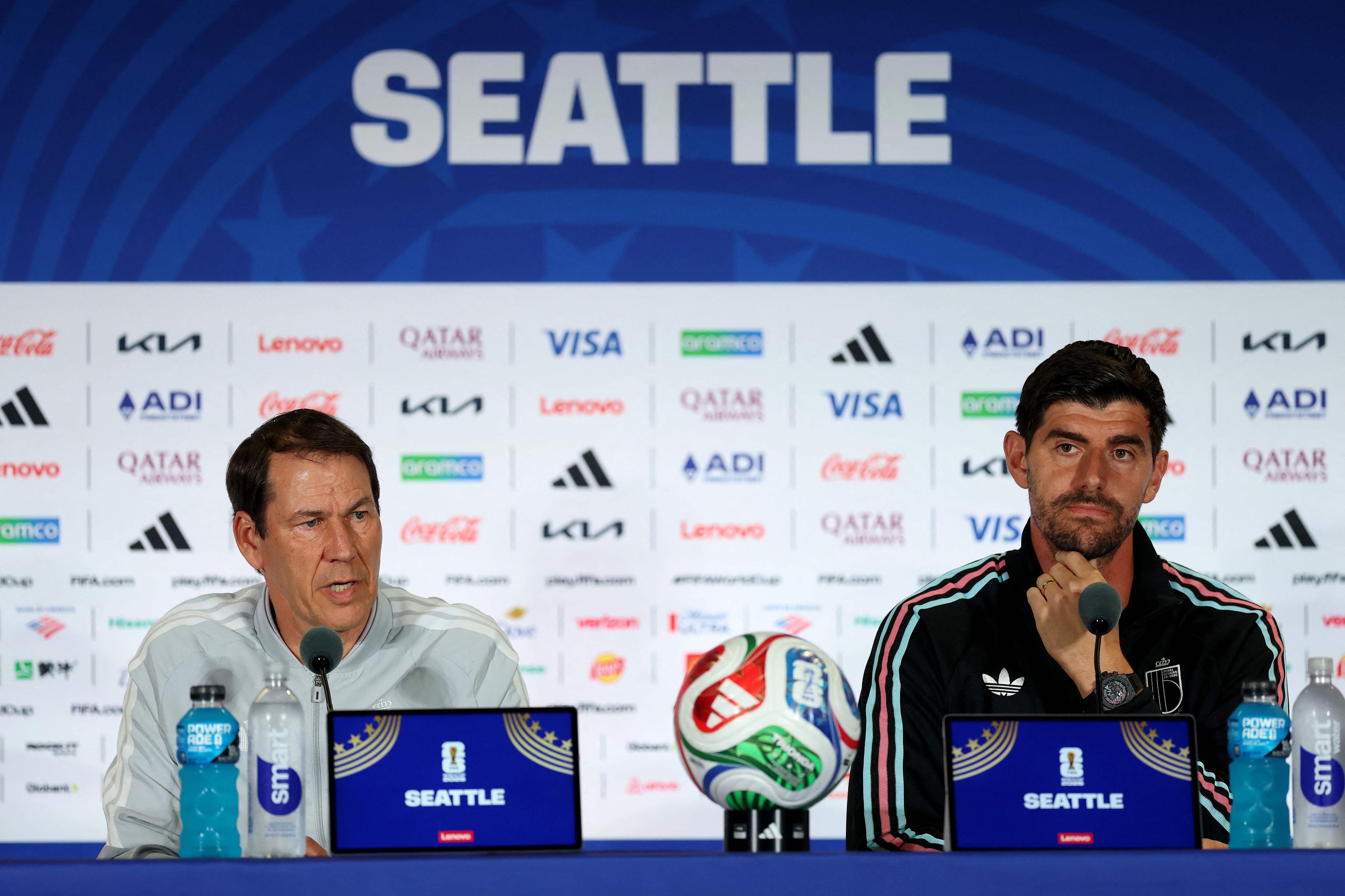 Rudi Garcia, Head Coach of Belgium, and Thibaut Courtois #1 of Belgium attend a press conference (Getty Images via AFP) Rudi Garcia, Head Coach of Belgium, and Thibaut Courtois #1 of Belgium attend a press conference (Getty Images via AFP)