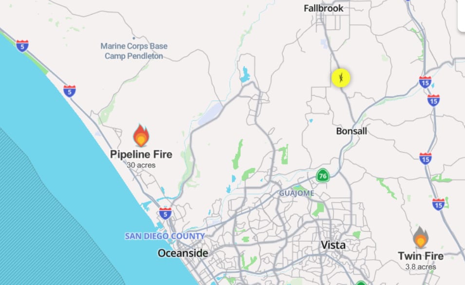 The Pipeline Fire is burning just off the San Diego Expressway. (MapBox via WatchDuty) The Pipeline Fire is burning just off the San Diego Expressway. (MapBox via WatchDuty)