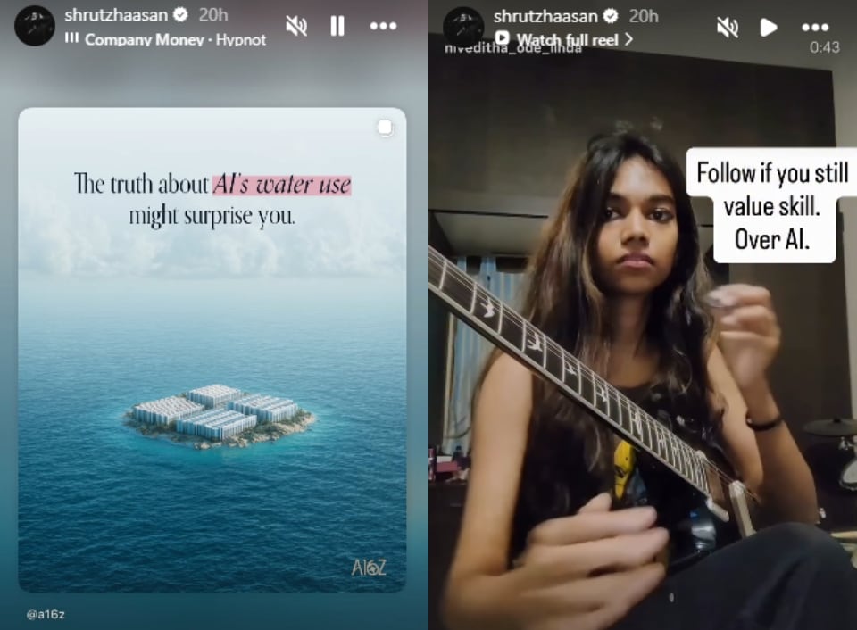 Shruti Haasan's posts against the use of AI. Shruti Haasan's posts against the use of AI.