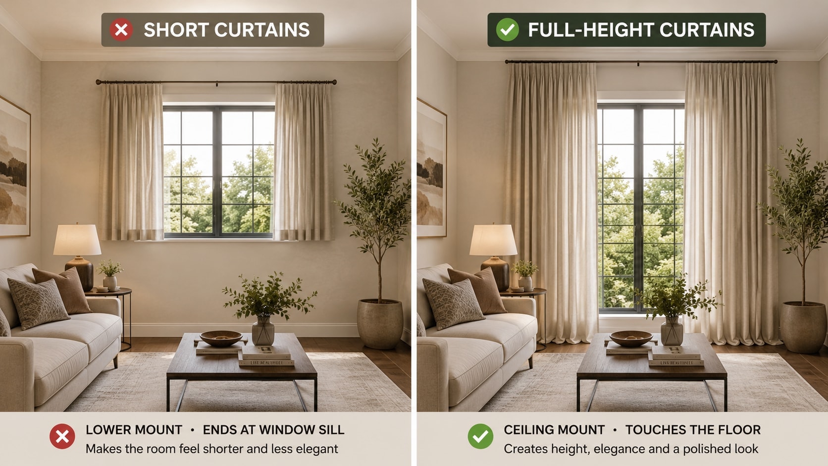 Full-height curtains make the space look better. (Picture credit: AI generated) Full-height curtains make the space look better. (Picture credit: AI generated)