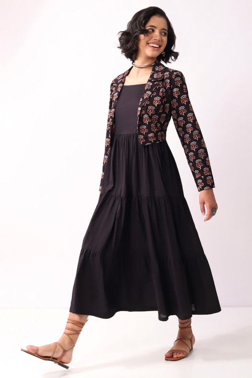 Black midi dress with floral crop jacket. (BIBA NXT) Black midi dress with floral crop jacket. (BIBA NXT)