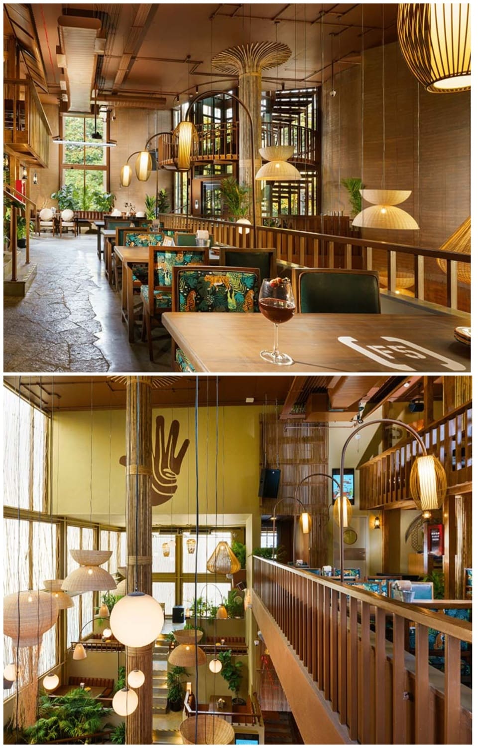 The soaring three-story ceiling is decorated with a cascading canopy of beautiful cane lamps. Earthy bamboo pillars and lush potted greenery create a calm yet energetic vibe. (Pics: JP Nagara Social) The soaring three-story ceiling is decorated with a cascading canopy of beautiful cane lamps. Earthy bamboo pillars and lush potted greenery create a calm yet energetic vibe. (Pics: JP Nagara Social)