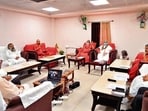 A meeting of the Shri Ram Janmabhoomi Teerth Kshetra Trust underway in Ayodhya on Monday. (VIDEO GRAB)