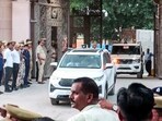 A view of Jagadguru Adi Shankaracharya Dwar of Ram Mandir as meeting of the Shri Ram Janmabhoomi Teerth Kshetra Trust concludes following alleged embezzlement of offerings from Ram Temple, in Ayodhya on Monday.