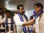 Azad Samaj Party (Kanshi Ram) president Chandra Shekhar Azad welcomes former Uttar Pradesh minister Masood Ahmad into the party fold in Lucknow on Monday. (Deepak Gupta/HT Photo)