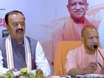 Chief minister Yogi Adityanath reviewing PWD projects across the Prayagraj Division at a high-level meeting held in the Mela Authority complex on Monday. (Anil Kumar Maurya/HT)