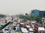 Heavy traffic congestion on NH 48 due to rain near Hero Honda Chowk, in Gurugram. (Parveen Kumar | Hindustan Times)