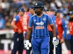 India's Sanju Samson (C) walks off after being dismissed during the first Twenty20I match between England and India at the Riverside Ground in Chester-le-Street. (AFP)