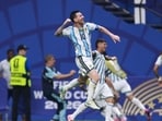 Lionel Messi celebrates the team's third goal scored by Enzo Fernandez. (Getty Images via AFP)