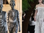 (L-R) Rahul Mishra's Devi collection and Dior's finale look which fuelled speculation about Taylor Swift's wedding dress.