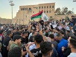 Demonstrators demand the overthrow of the Libya's Government of National Unity headed by Abdulhamid al-Dbeibah, in Martyrs' Square in Tripoli, Libya.