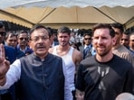 Former West Bengal Sports Minister Aroop Biswas with Argentine footballer Lionel Messi as part of 'G.O.A.T. India Tour 2025'.