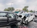 The two cars after the mishap on Jalandhar-Amritsar highway on Sunday.