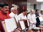 Union home minister Amit Shah during the agreement signing between govt of Madhya Pradesh, Gujarat, Rajasthan and Maharashtra to resolve the long pending issues related to the Narmada Project, in New Delhi on Tuesday (ANI Video Grab)