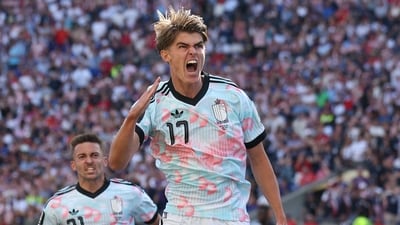 De Ketelaere scored the second goal for Belgium and gave them a 2-1 lead in the 33rd minute. (AP) De Ketelaere scored the second goal for Belgium and gave them a 2-1 lead in the 33rd minute. (AP)