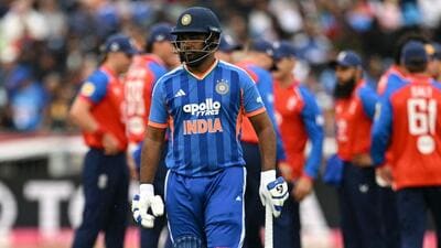India's Sanju Samson (C) walks off after being dismissed during the first Twenty20I match between England and India at the Riverside Ground in Chester-le-Street. (AFP)