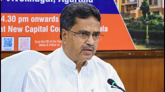 “From now on, daily classes in all schools of the state will begin with a full collective rendition of the national song ’Vande Mataram,’ followed by the singing of the national anthem ‘Jana Gana Mana’,” CM Saha wrote on X. (@DrManikSaha2/ANI)