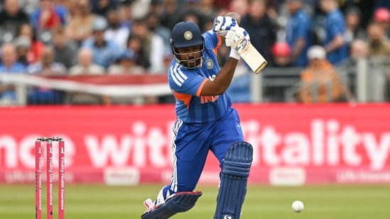 India's Sanju Samson plays a shot during the first Twenty20 (T20) international cricket match between England and India (AFP)