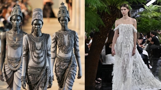 (L-R) Rahul Mishra's Devi collection and Dior's finale look which fuelled speculation about Taylor Swift's wedding dress.