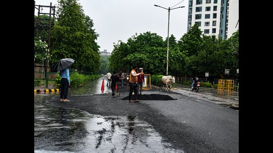 Road being recarpeted near Nirvana County on Tuesday (HT)