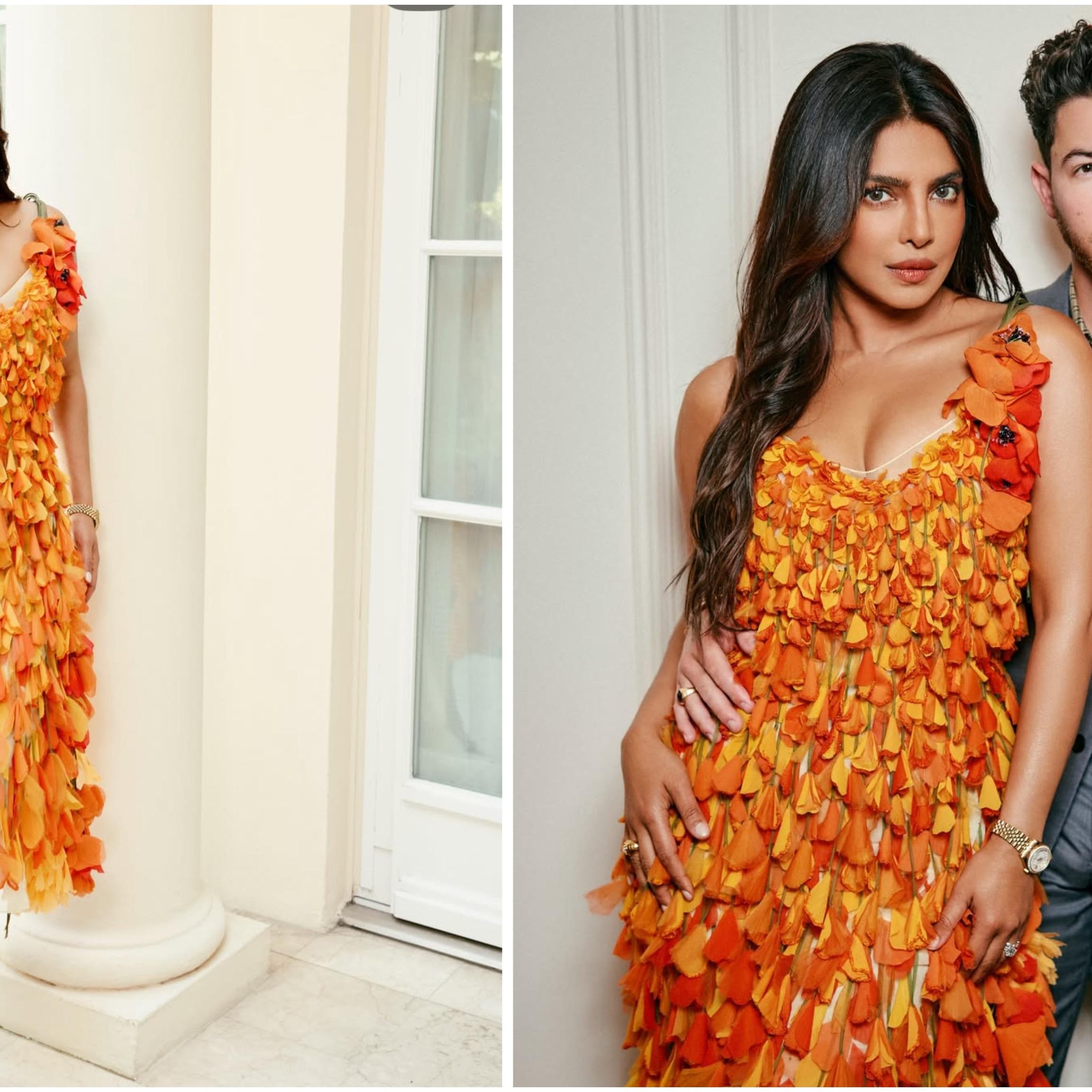 priyanka chopra mesh dress Priyanka Chopra stuns in vibrant floral Dior dress as Nick Jonas  complements her in sharp suit at Paris Fashion week