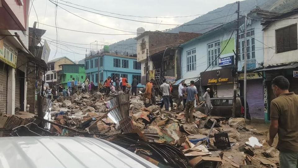 Slush and debris in a marketplace of Thathri on Tuesday morning. (PTI Photo)