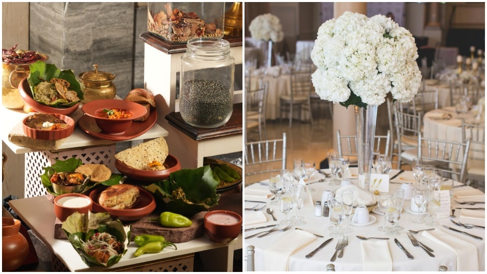 An earthy, terracota-styled live chaat counter displaying raw spices; a classic, crisp white-clothed formal dinner table setting. An earthy, terracota-styled live chaat counter displaying raw spices; a classic, crisp white-clothed formal dinner table setting.