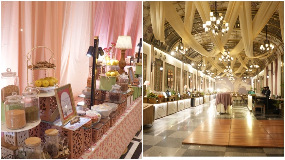 Warm, geometric-patterned interactive food stations; a majestic banquet gallery featuring grand draped ceilings and tiered chandeliers. Warm, geometric-patterned interactive food stations; a majestic banquet gallery featuring grand draped ceilings and tiered chandeliers.