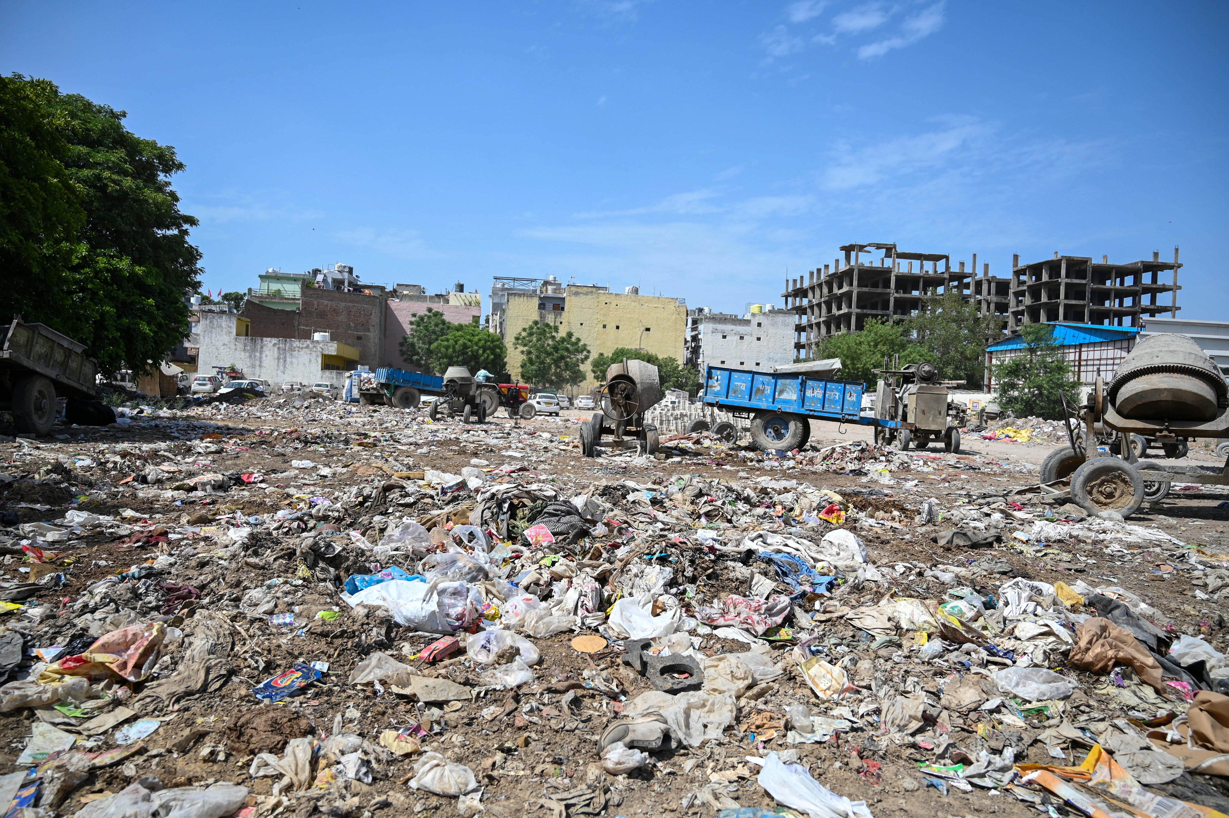 Locals said an illegal dumping site near Pocket C has remained uncleared for months, attracting pigs and cattle and raising fears of mosquito-borne diseases. (Parveen Kumar/HT) Locals said an illegal dumping site near Pocket C has remained uncleared for months, attracting pigs and cattle and raising fears of mosquito-borne diseases. (Parveen Kumar/HT)