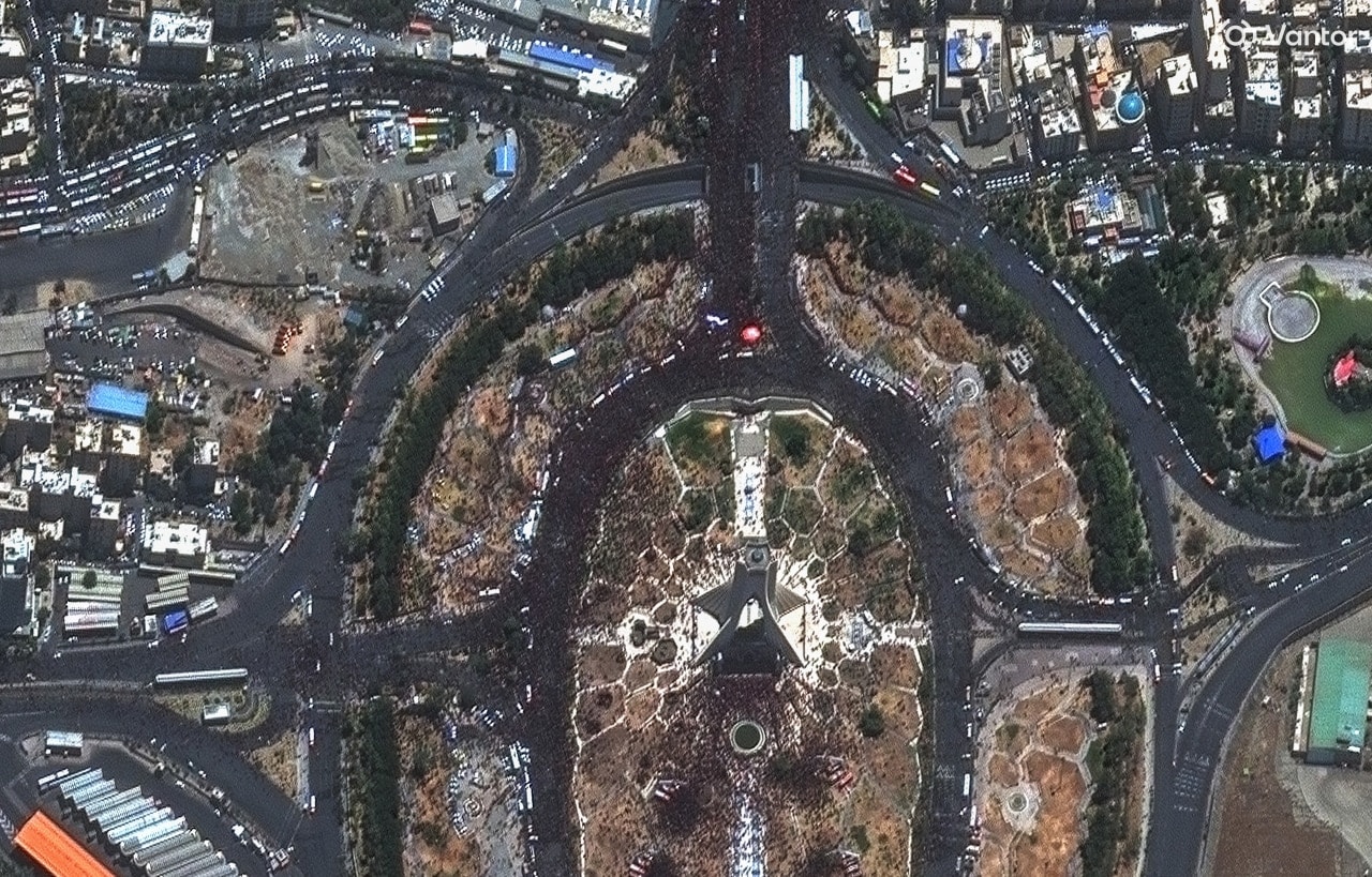 A satellite image shows large crowds gathered near Tehran’s Azadi Square for Monday’s ceremonies. A satellite image shows large crowds gathered near Tehran’s Azadi Square for Monday’s ceremonies.