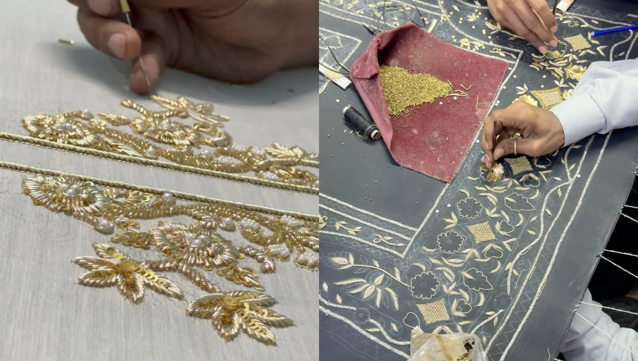 The labour is intense: a minor piece can take anywhere from 7 to 15 days, while a heavy bridal lehenga can easily stretch over two months The labour is intense: a minor piece can take anywhere from 7 to 15 days, while a heavy bridal lehenga can easily stretch over two months