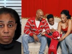 Alicia Brown's mugshot (L) and Big Tigger and Alicia Brown with their children.