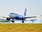 An IndiGo flight lands at the Noida International Airport in Jewar. (HT Photo)