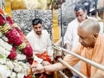 Chief minister Yogi Adityanath offers prayers at the Vindhyavasini temple in Mirzapur district on Wednesday. (PTI PHOTO)