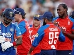 England's Jofra Archer celebrates with teammates after taking the wicket of India's Shreyas Iyer. (Action Images via Reuters)