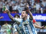 Argentina's forward #10 Lionel Messi celebrates scoring his team's second goal during the 2026 World Cup round of 16 football match between Argentina and Egypt at Atlanta Stadium in Atlanta on July 7, 2026. (Photo by Thomas COEX / AFP)