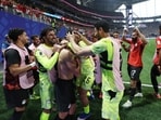 Egypt's Mostafa Zico celebrates scoring a goal with teammates before it was disallowed following a VAR review