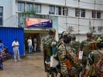 Security heightened outside the Baruipur police station after police brought people accused in the alleged gangrape and murder of an 11-year-old girl, in South 24 Parganas, Monday