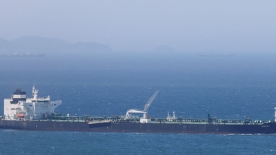Crude oil tanker Odessa, carrying UAE crude after passing through the Strait of Hormuz with its Automatic Identification System transponder turned off, navigates the waters at Daesan port, where it is expected to discharge crude oil, in Seosan, South Korea, May 8, 2026. (REUTERS)